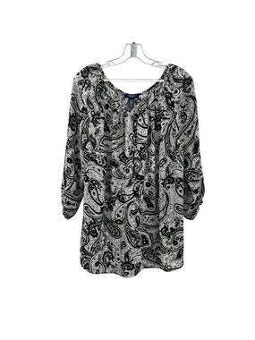 Chaps Womens Sheer Paisley Top Black/White 3/4 Sleeve Size 1X